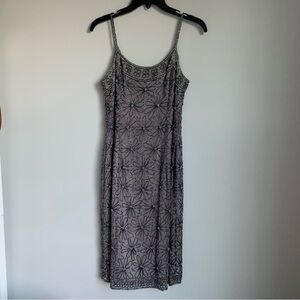 Papell Boutique Evening 100% Silk Flower Hand Beaded Midi Cocktail Dress